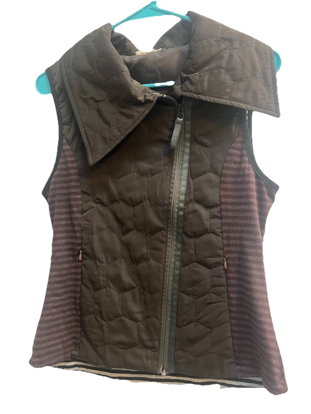 Mystree 1/2 Quilt Zip Vest Women S Brown Purple Striped Ruched Back Boutique